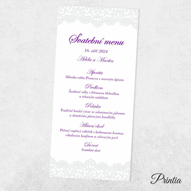 Wedding menu with printed ornament