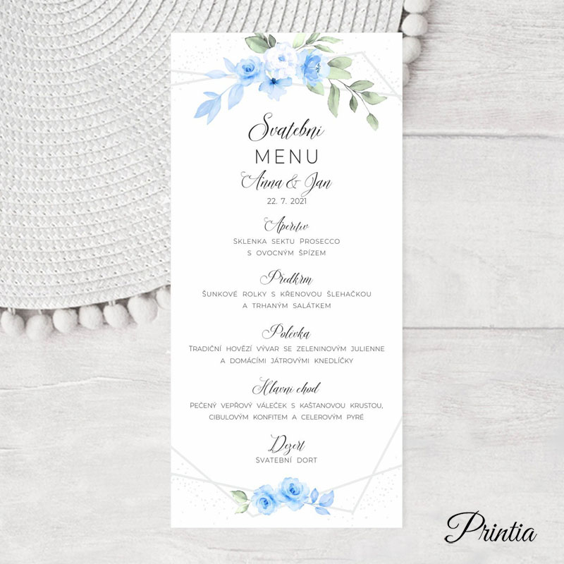 Svatební menu modré květiny