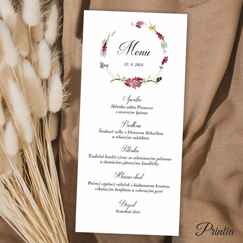 Wedding menu with a wreath of meadow flowers