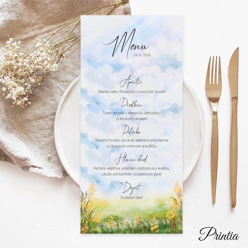 Wedding menu with a meadow of yellow flowers