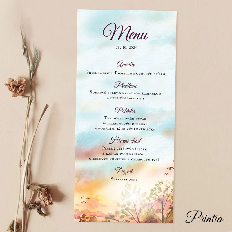 Wedding menu with autumn landscape