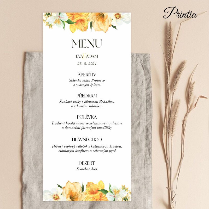 Wedding menu with yellow flowers