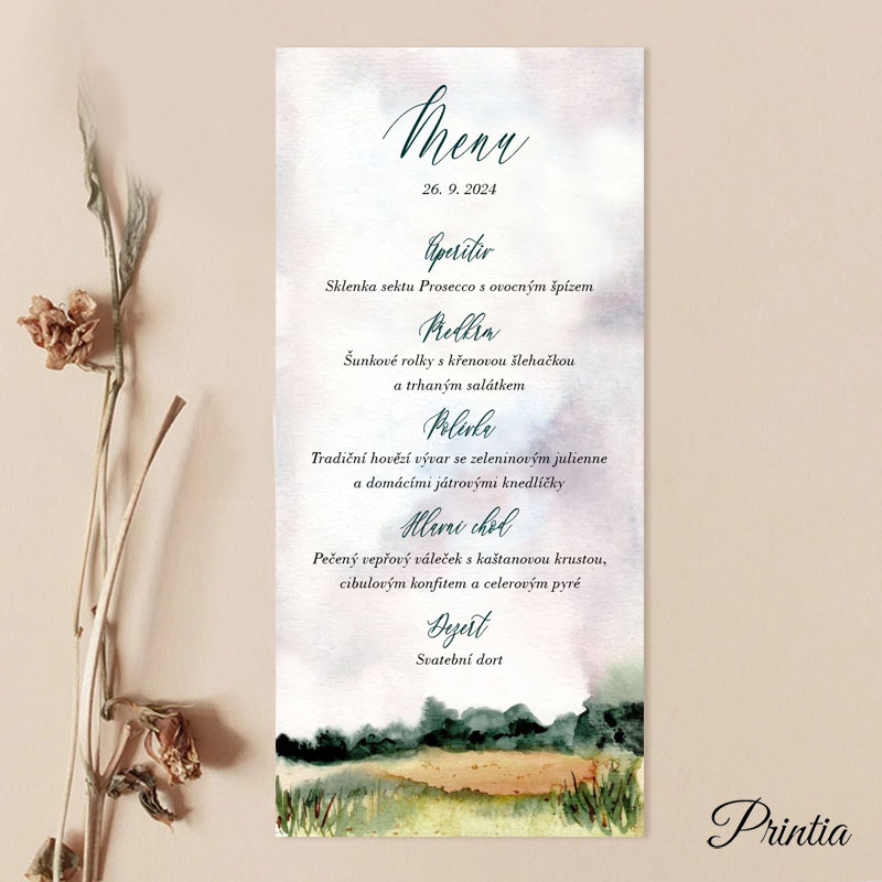 Wedding menu with a landscape with birds