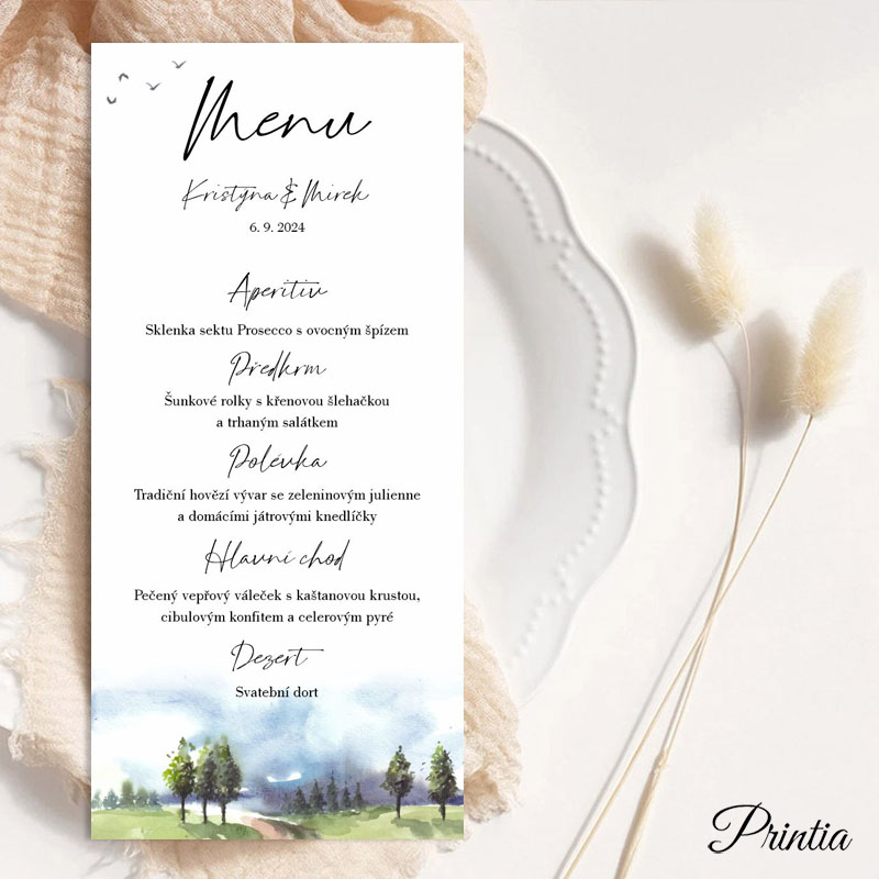 Wedding menu with trees around the path