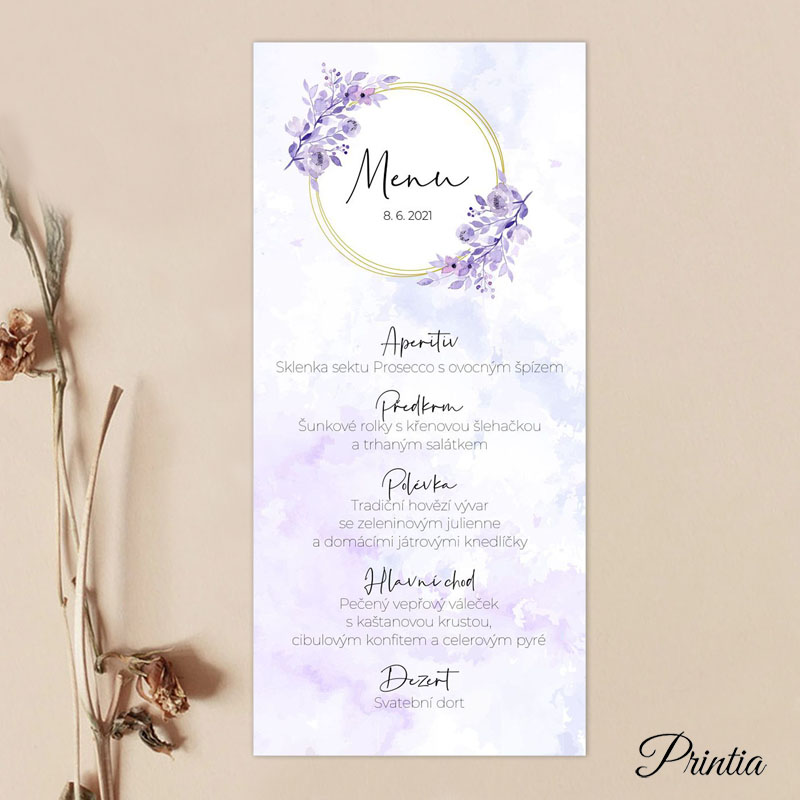 Fialové svadobné menu