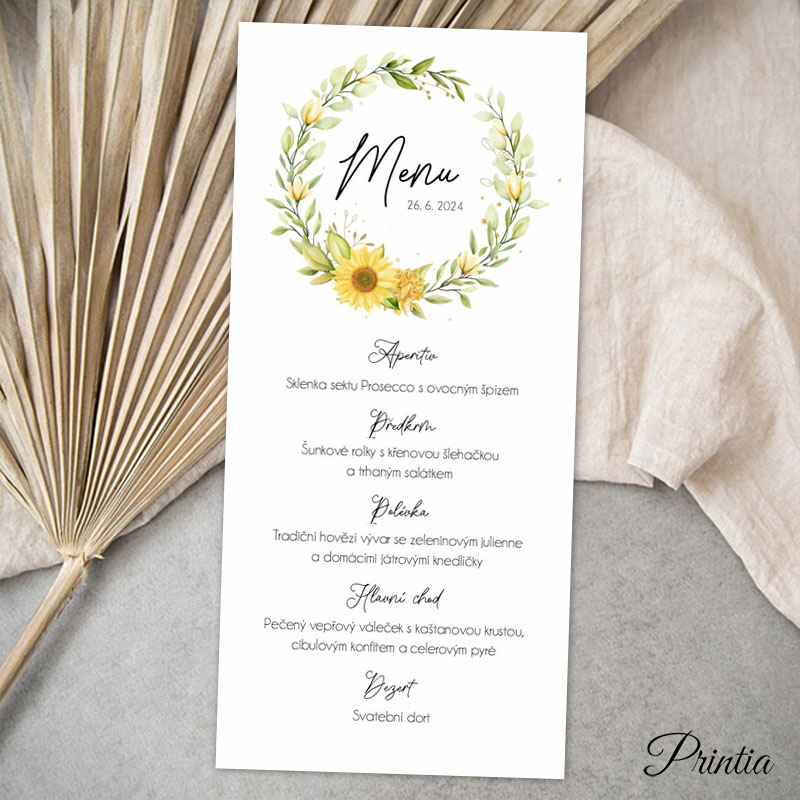 Wedding menu with sunflower wreath