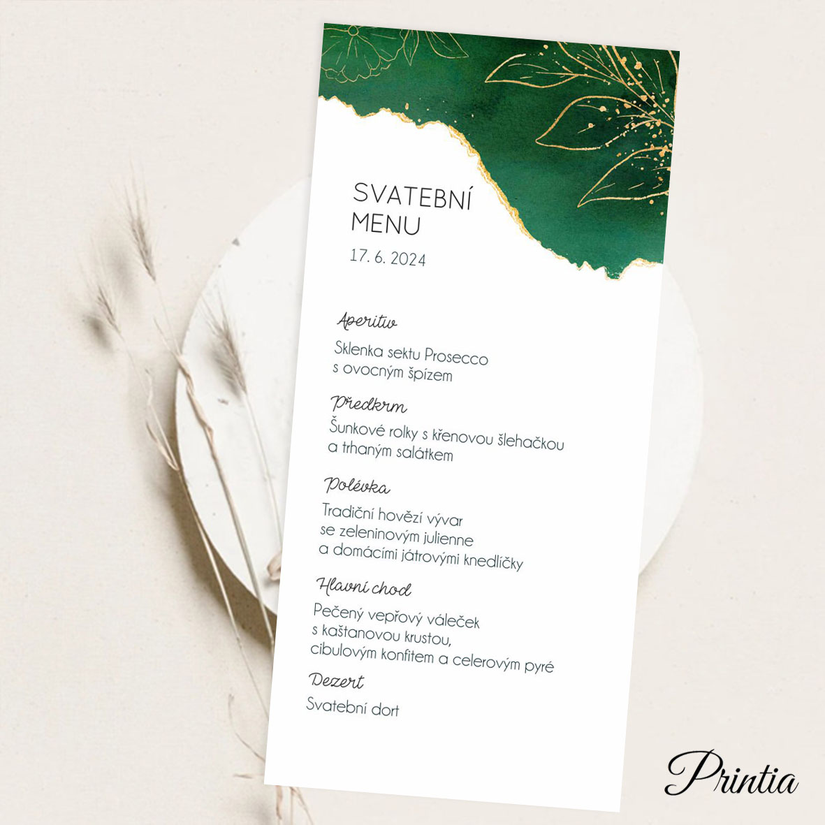 Green wedding menu with gold elements