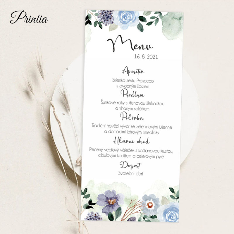 Svatební menu s modrými květinami