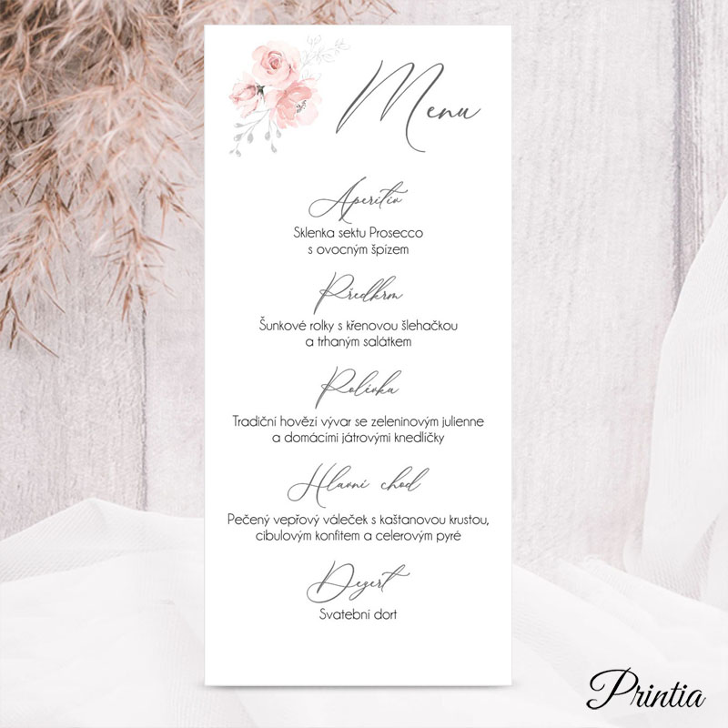 Wedding menu pink-gray flowers