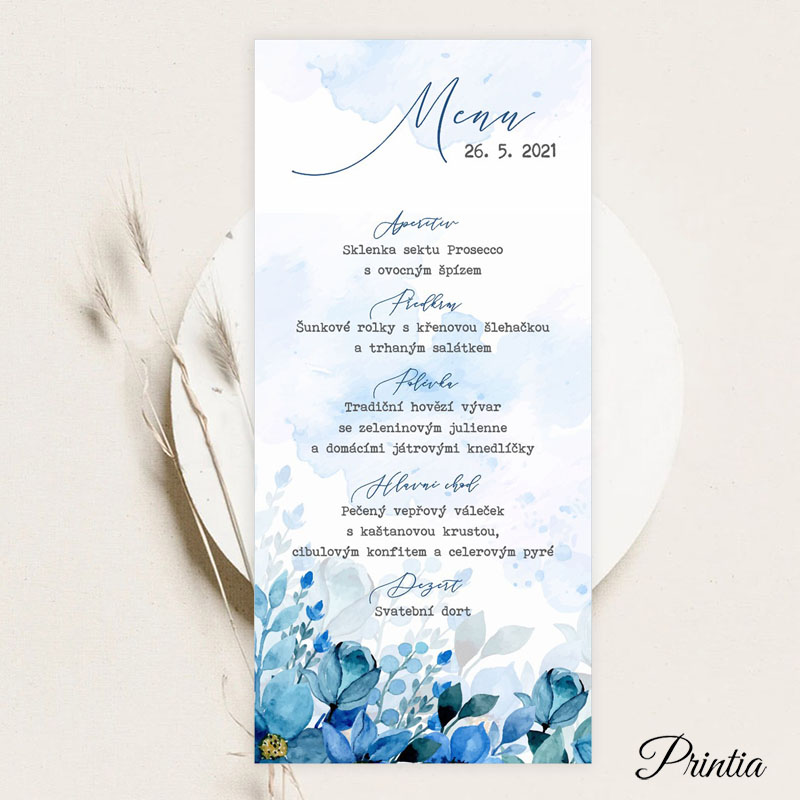 Svatební menu s modrými květinami