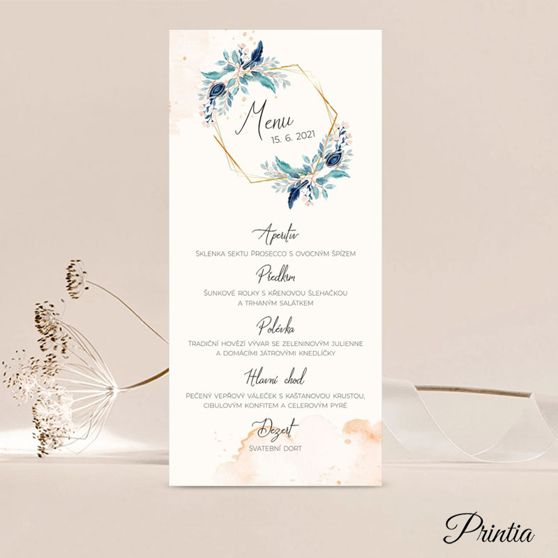 Wedding menu with turquoise flowers