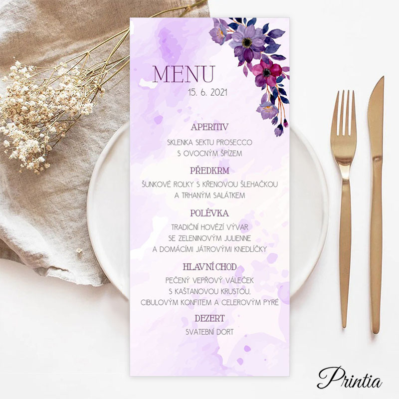 Fialové svadobné menu