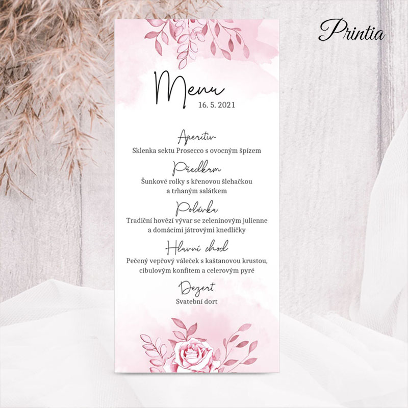 Wedding menu with a drawing of a rose