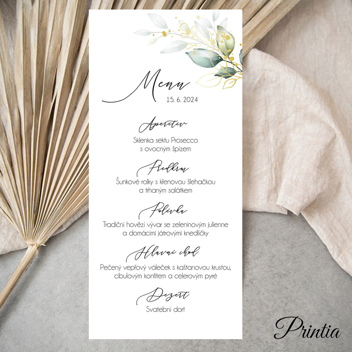 Wedding menu with green-yellow leaves