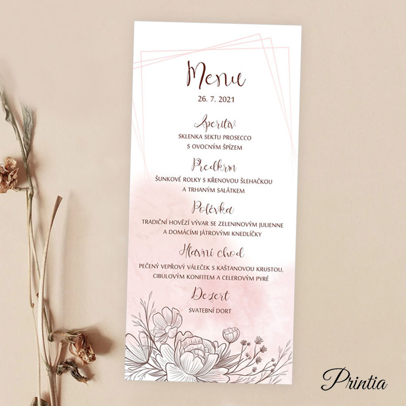 Růžové svatební menu s kreslenými květinami
