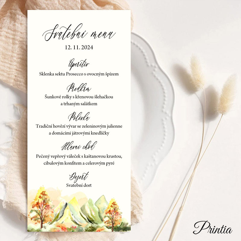 Wedding menu with autumn landscape