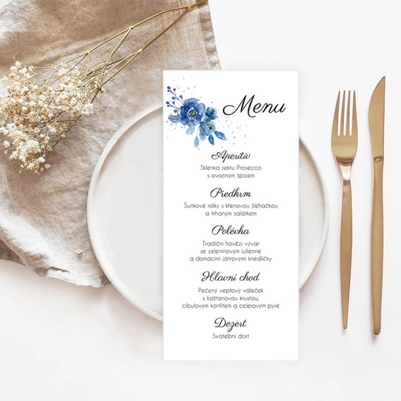 Svadobné menu s modrými kvetmi 