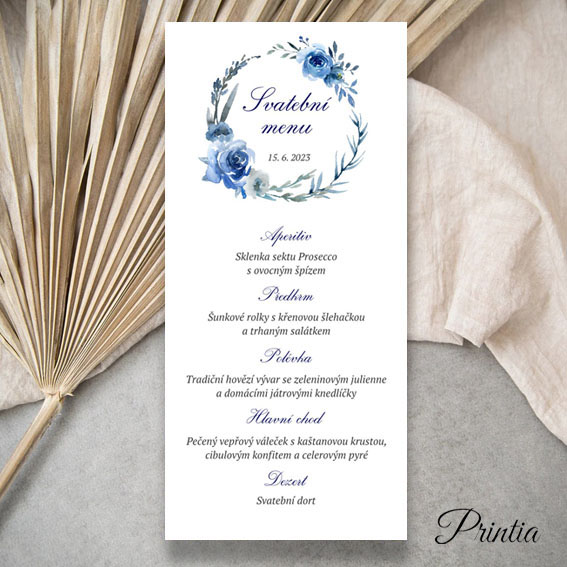 Wedding menu with a circle of blue flowers 