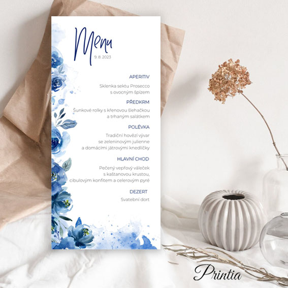 Wedding menu with blue flowers 