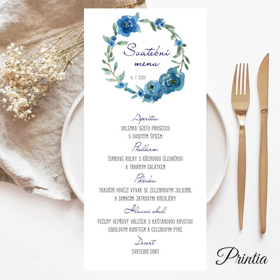 Svatební menu s modrým květinovým věncem