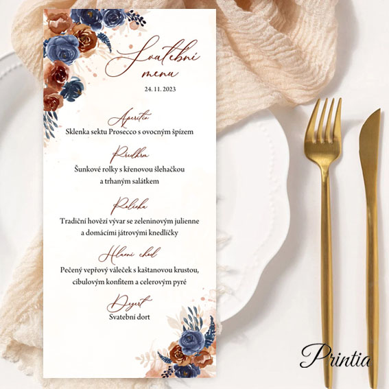 Svadobné menu s modrými a hnedooranžovými kvetmi 