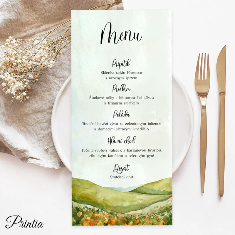 Wedding menu with orange meadow flowers