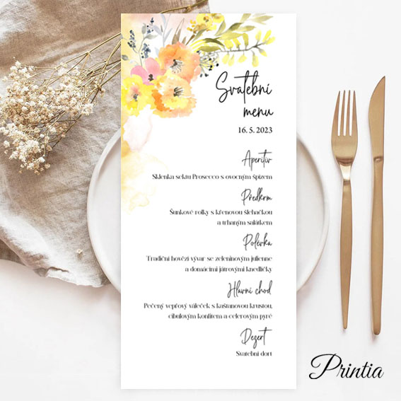 Wedding menu with yellow flowers