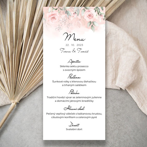 Svadobné menu s pastelovými kvetinami