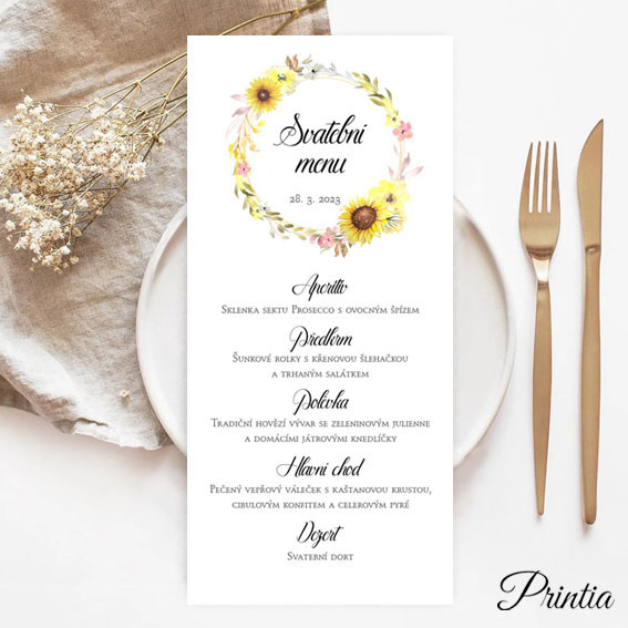 Svatební menu s věncem žlutých květin