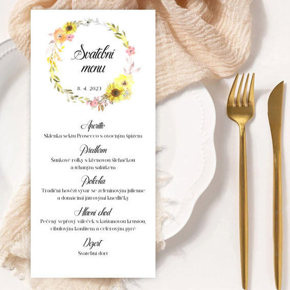 Wedding menu with wreath and sunflowers