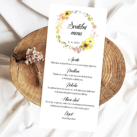 Svadobné menu so slnečnicami a vencom kvetín