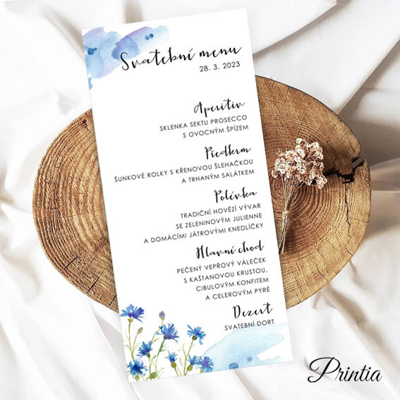 Wedding menu with cornflowers