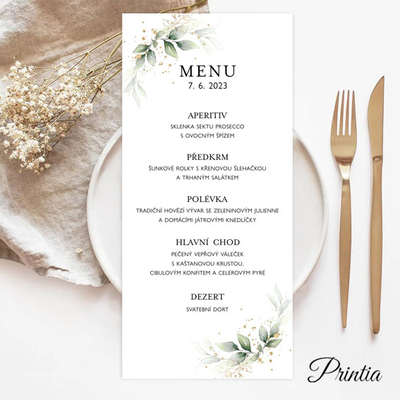 Wedding menu with green leaves