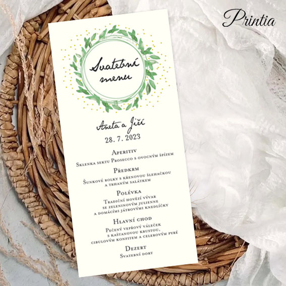 Wedding menu green leaves and dots