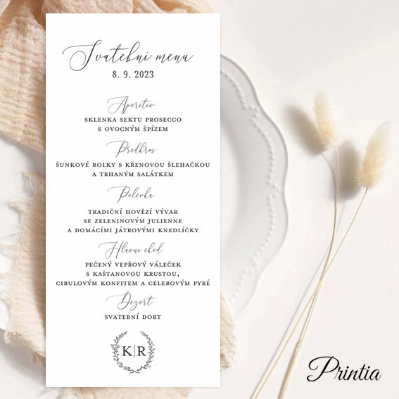 Wedding menu with the initials of the engaged couple