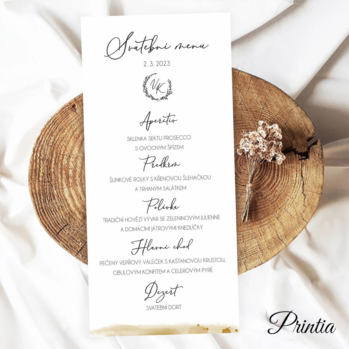 Svatební menu s iniciály a akvarelem