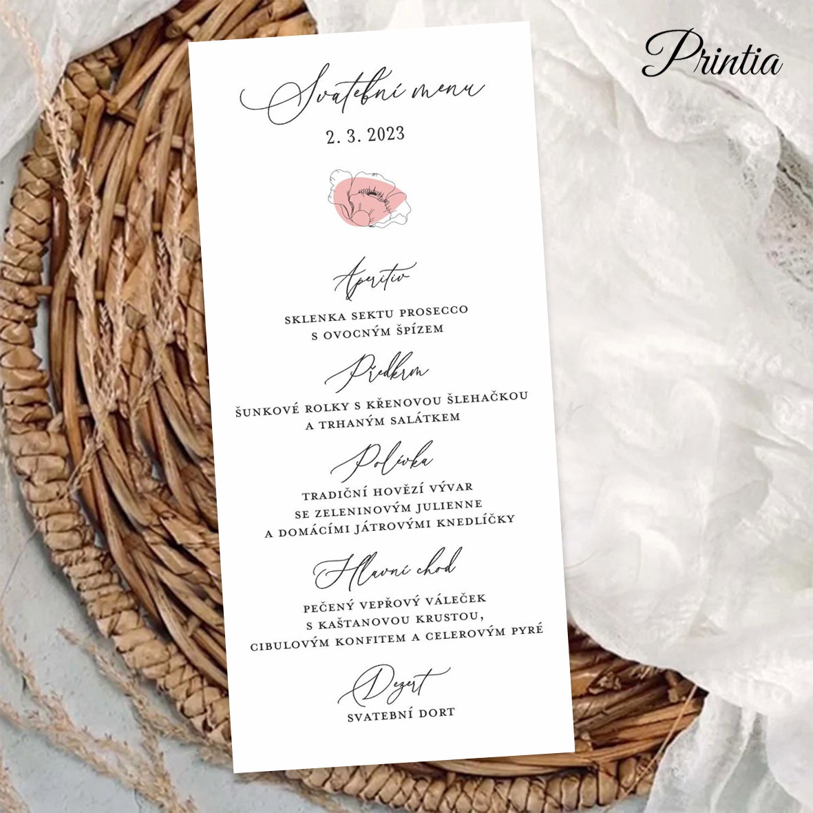 Elegant wedding menu with poppy flower