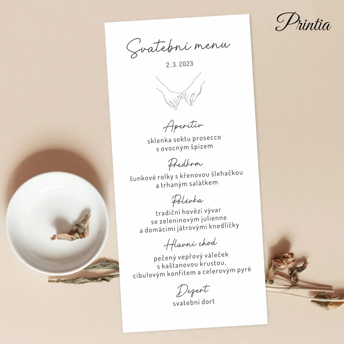 Wedding menu with outlines holding hands 