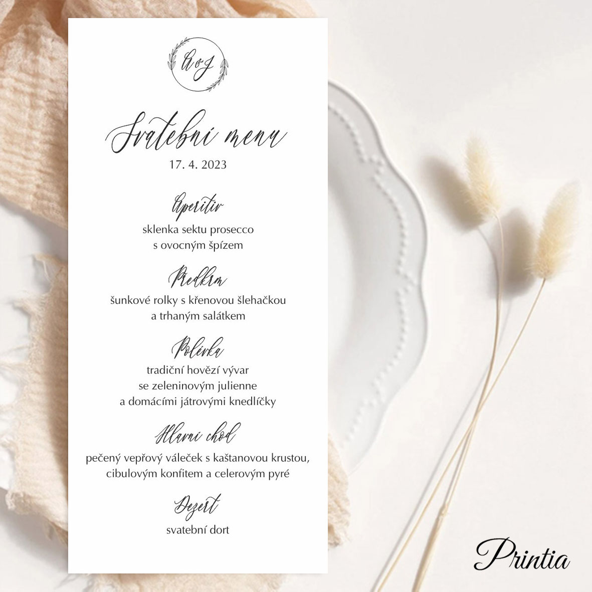 Svatební menu s věnečkem s iniciály