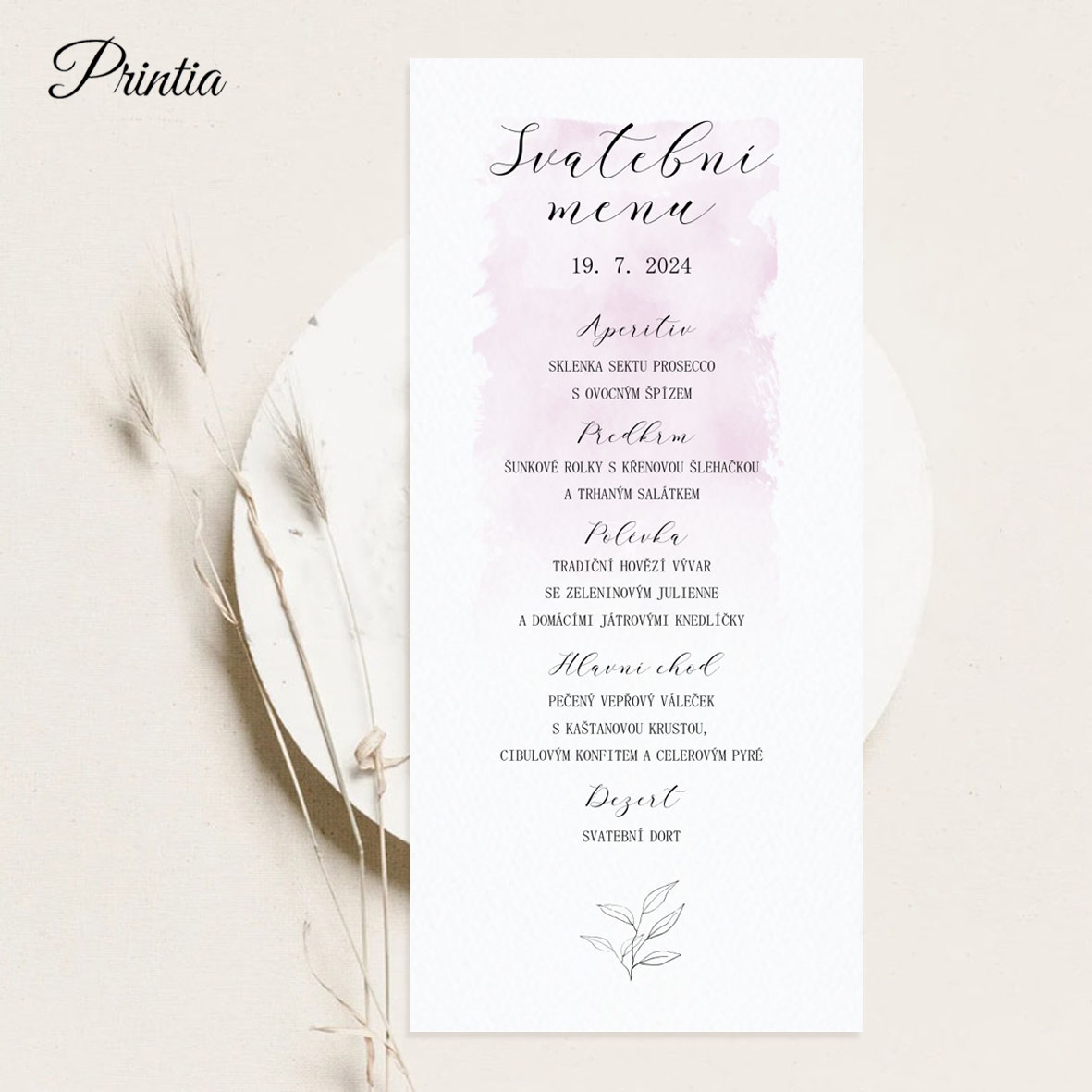 Wedding menu with pink watercolor background 