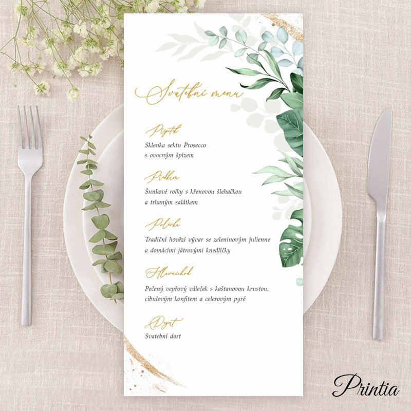 Svadobné menu so zelenými listami