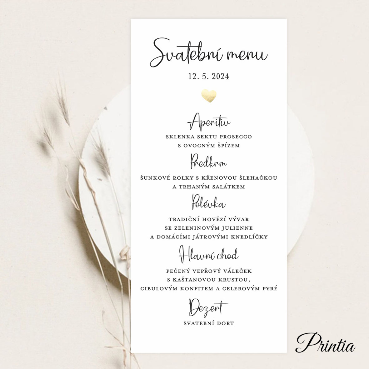 Wedding menu with golden heart