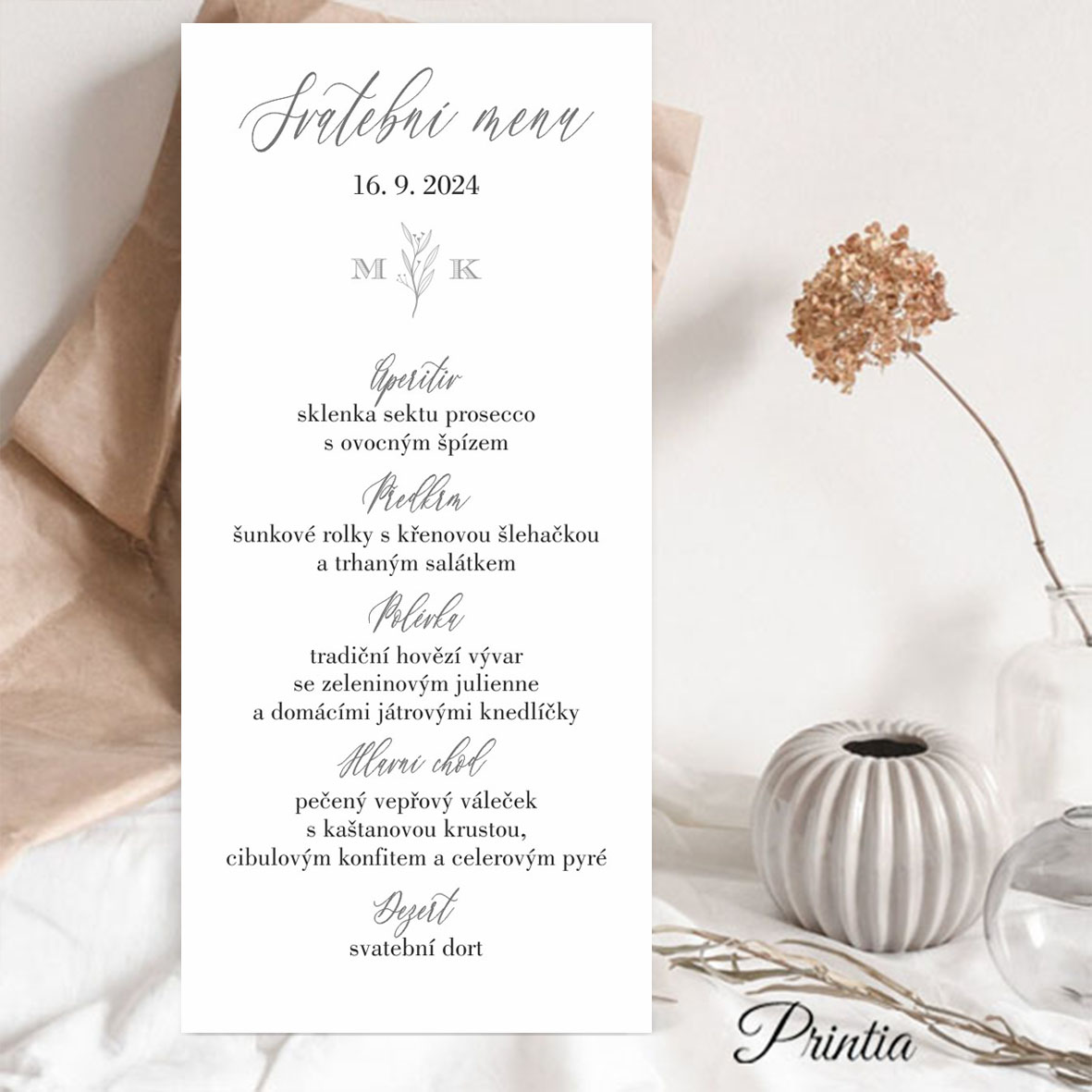 Wedding menu with twig and initials