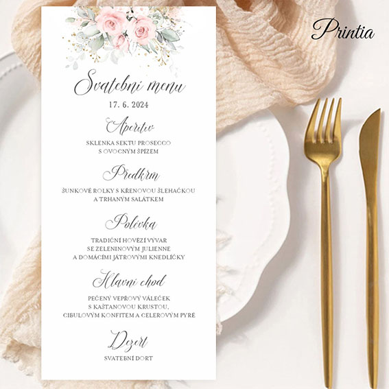 Svatební menu s akvarelovými květinami