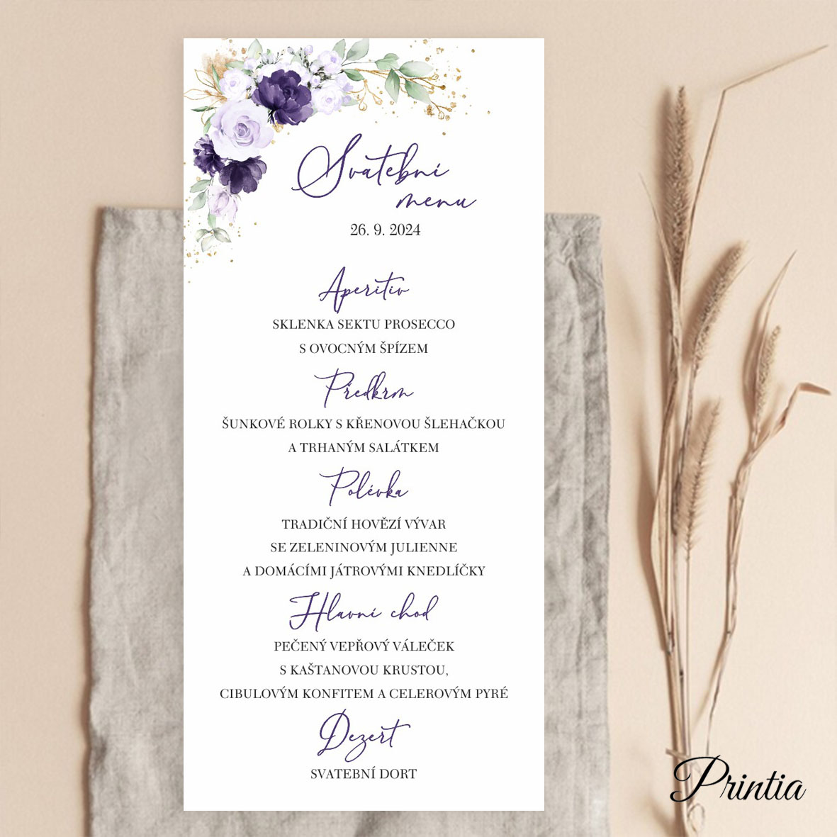 Wedding menu with purple flowers