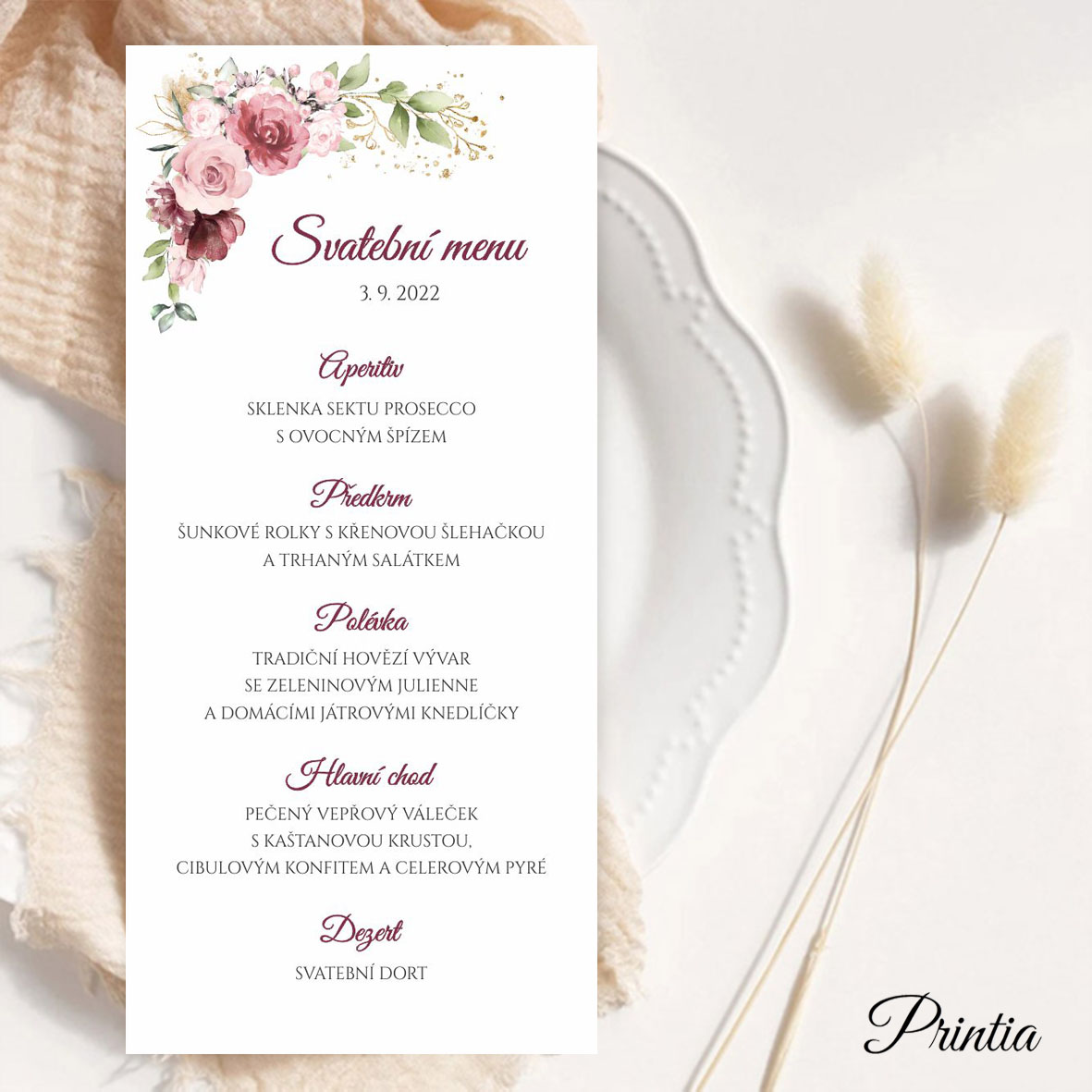 Svatební menu starorůžové s květinami a zlatými prvky