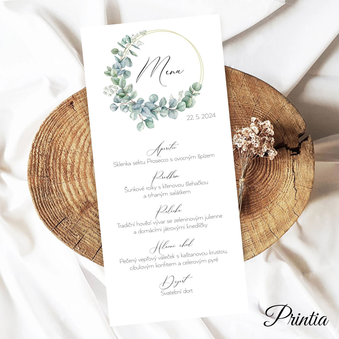 Wedding menu with circle and eucalyptus