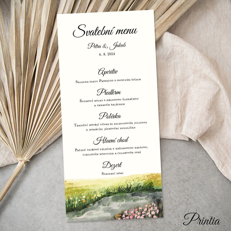 Wedding menu with meadow and mountains