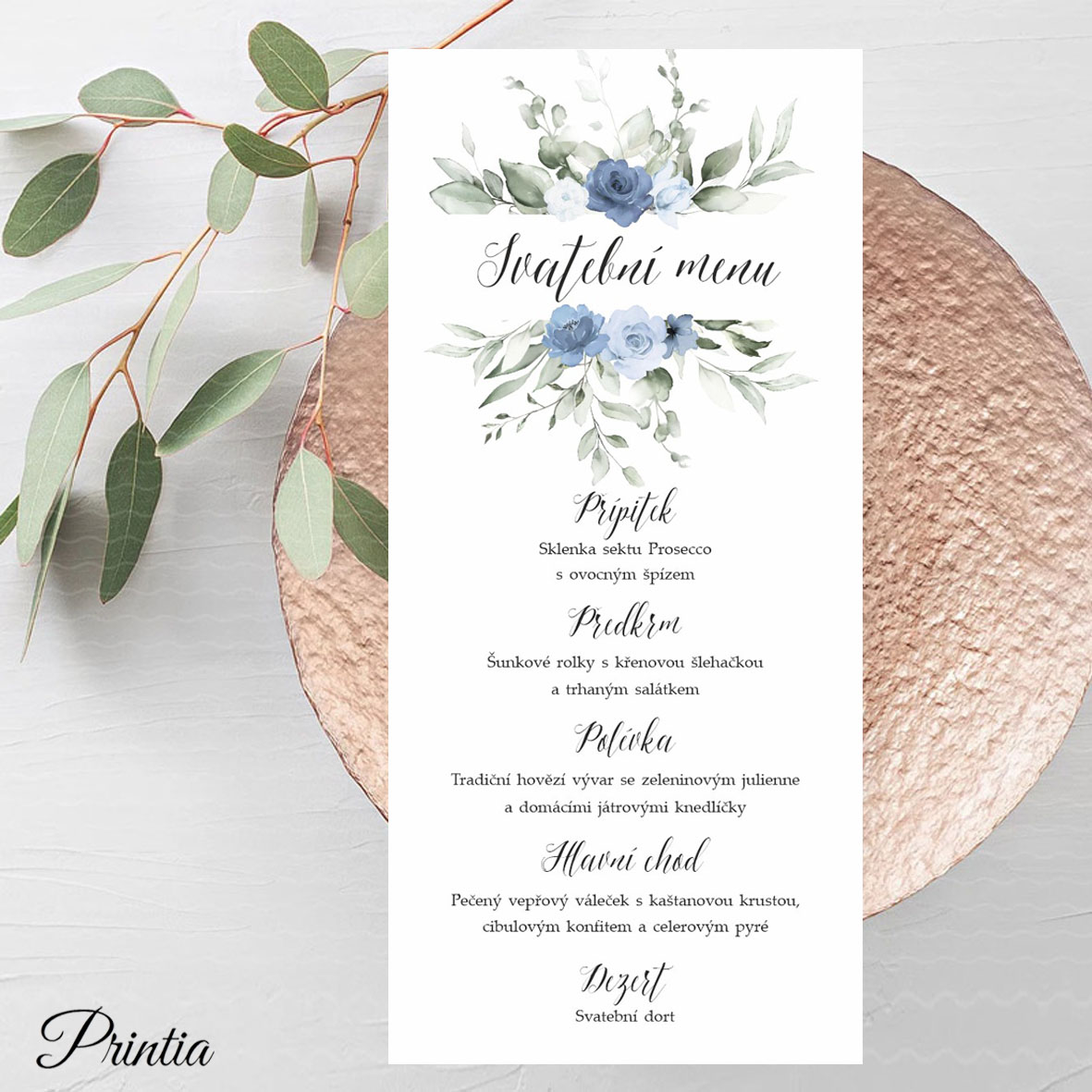 Wedding menu with blue flowers