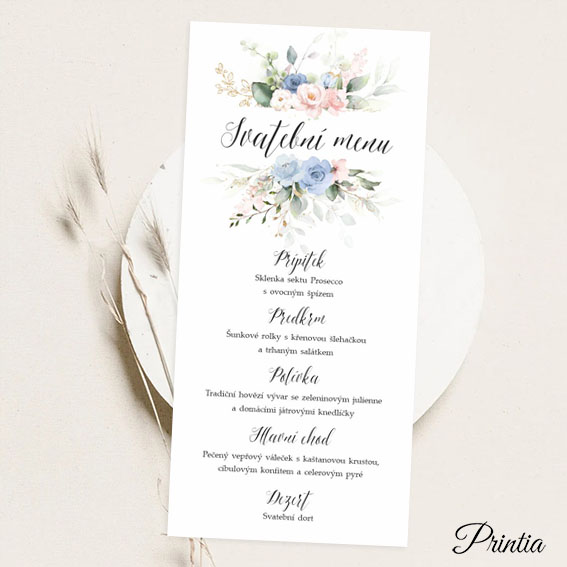 Wedding menu with blue and pink flowers